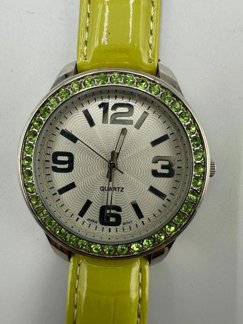3/$30 Avon Watch Women Silver Tone Green Patent Faux Leather Band New Battery